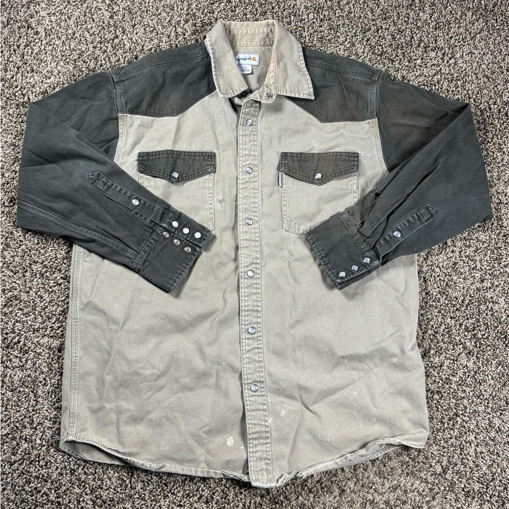 Carhartt Western Snap Shirt Distressed Faded Tan Gray Workwear Men’s SZ Large